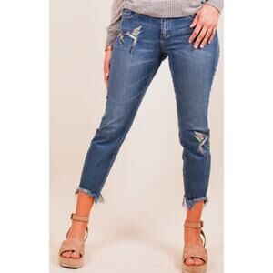 Hidden Jeans Women’s Size 28 Crop Denim Raw Hem Hummingbird Embroidered Stretch